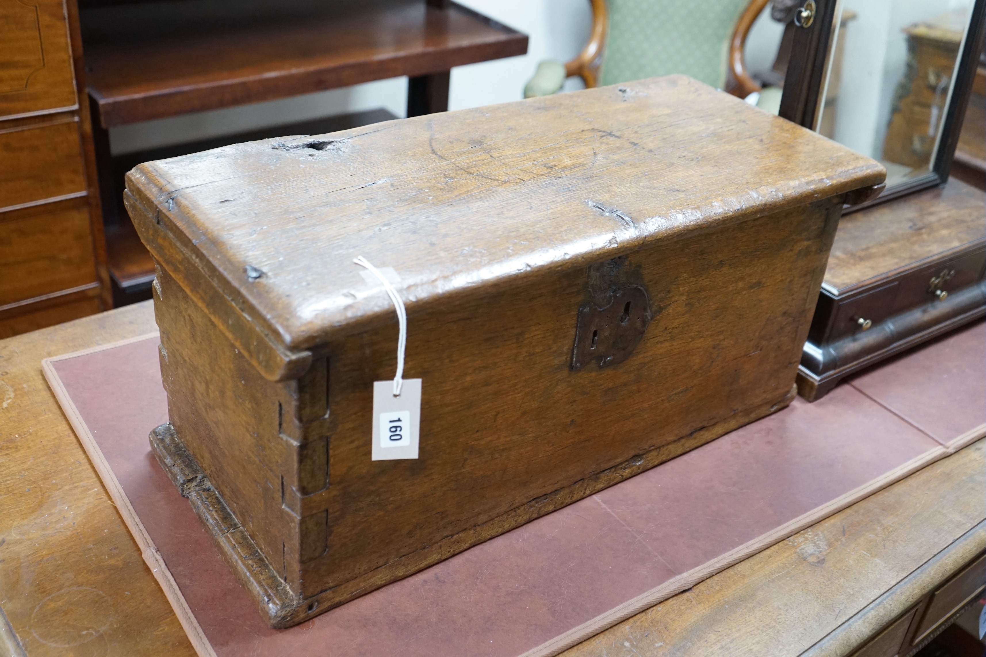 An 18th century boarded oak box, length 66cm, depth 29cm, height 32m